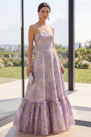 Laden Sie das Bild in den Galerie-Viewer, Staubiges fliederfarbenes Jacquard Trägerloses A-Linie Maxi-Blumenkleid