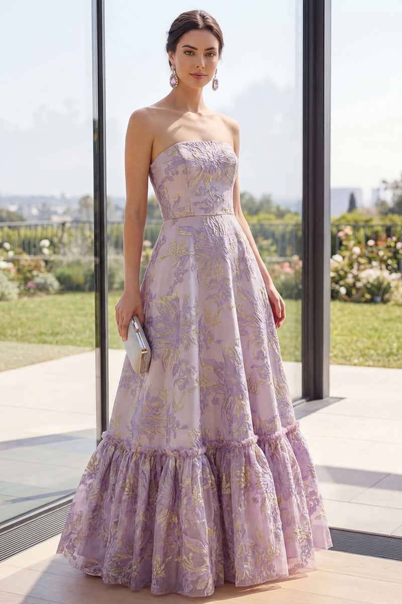 Laden Sie das Bild in den Galerie-Viewer, Staubiges fliederfarbenes Jacquard Trägerloses A-Linie Maxi-Blumenkleid