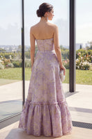 Laden Sie das Bild in den Galerie-Viewer, Staubiges fliederfarbenes Jacquard Trägerloses A-Linie Maxi-Blumenkleid