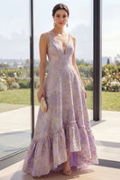 Laden Sie das Bild in den Galerie-Viewer, Staubig-lila Jacquard V-Ausschnitt Rückenfreies A-Linie Maxi-Blumenkleid