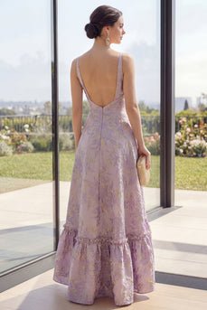Staubig-lila Jacquard V-Ausschnitt Rückenfreies A-Linie Maxi-Blumenkleid