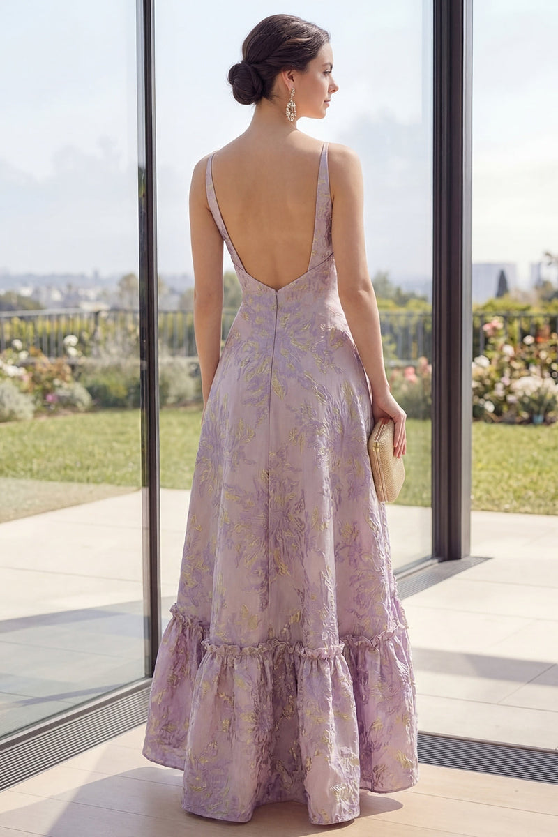 Laden Sie das Bild in den Galerie-Viewer, Staubig-lila Jacquard V-Ausschnitt Rückenfreies A-Linie Maxi-Blumenkleid