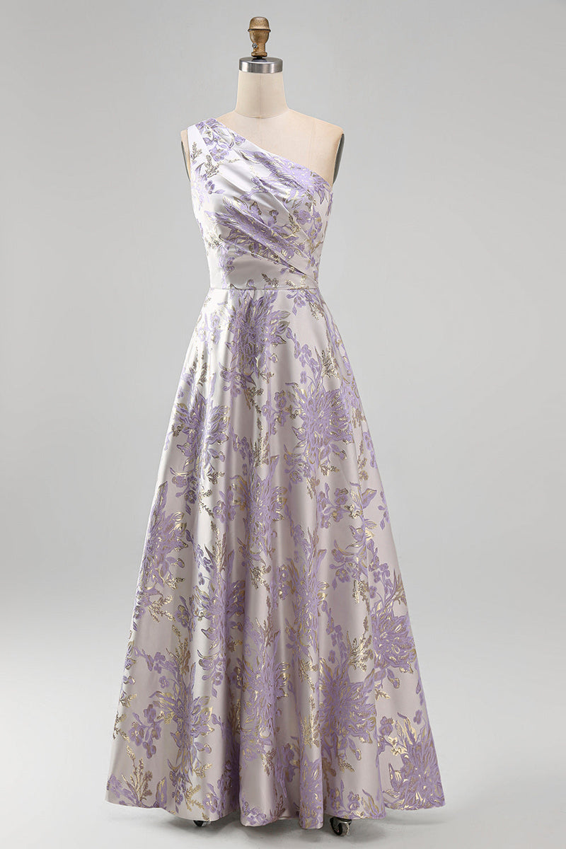 Laden Sie das Bild in den Galerie-Viewer, Staubig-lavendelfarbenes A-Schulter-A-Linien gerafftes Jacquard-Maxi-Formelkleid