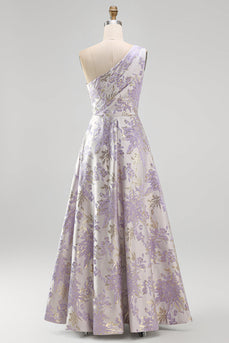 Staubig-lavendel Ein-Schulter A-Linien Gerafftes Jacquard Maxi Abendkleid