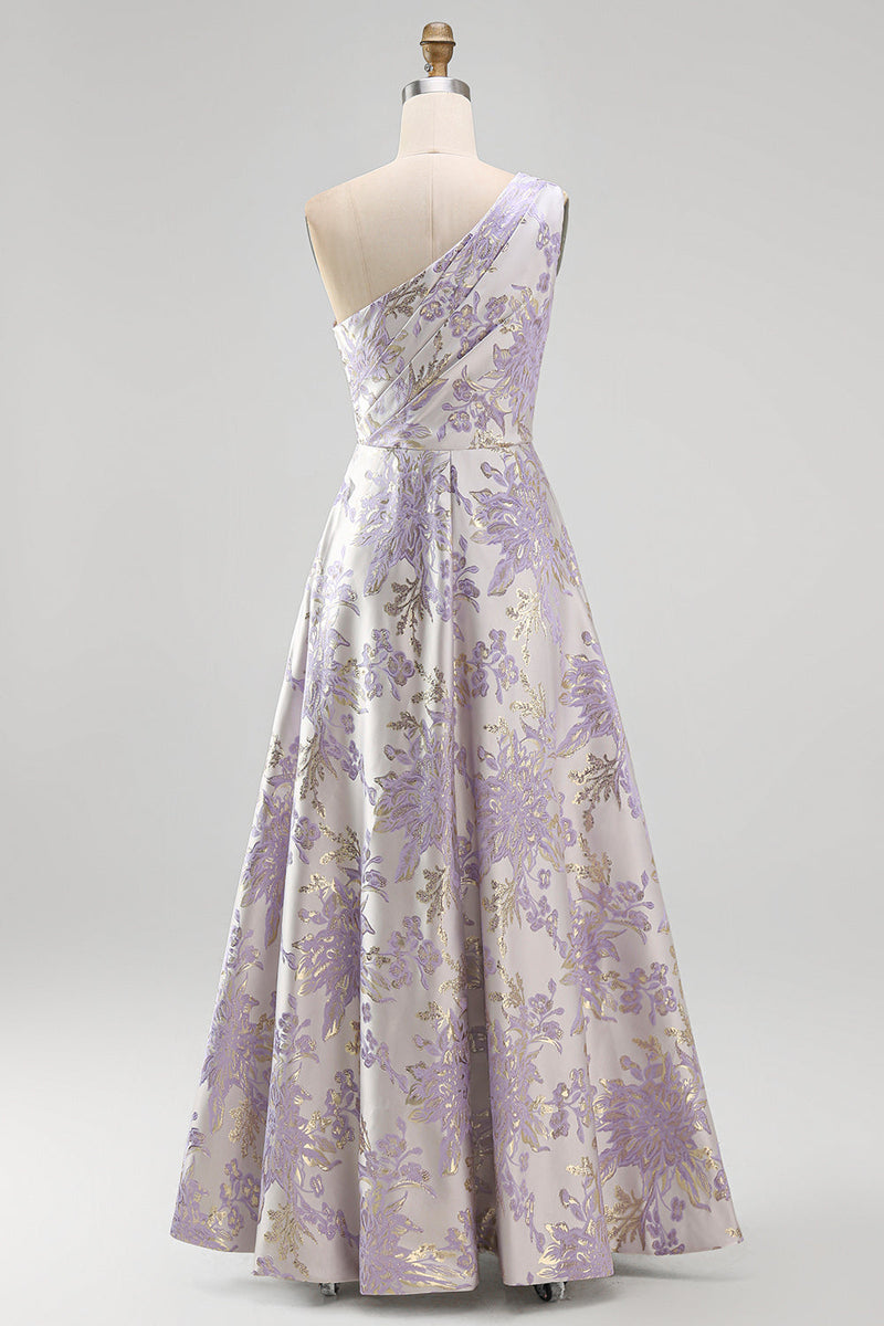 Laden Sie das Bild in den Galerie-Viewer, Staubig-lavendelfarbenes A-Schulter-A-Linien gerafftes Jacquard-Maxi-Formelkleid