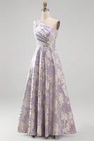 Laden Sie das Bild in den Galerie-Viewer, Staubig-lavendelfarbenes A-Schulter-A-Linien gerafftes Jacquard-Maxi-Formelkleid