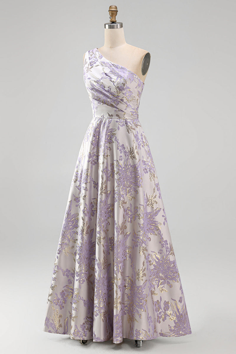 Laden Sie das Bild in den Galerie-Viewer, Staubig-lavendelfarbenes A-Schulter-A-Linien gerafftes Jacquard-Maxi-Formelkleid