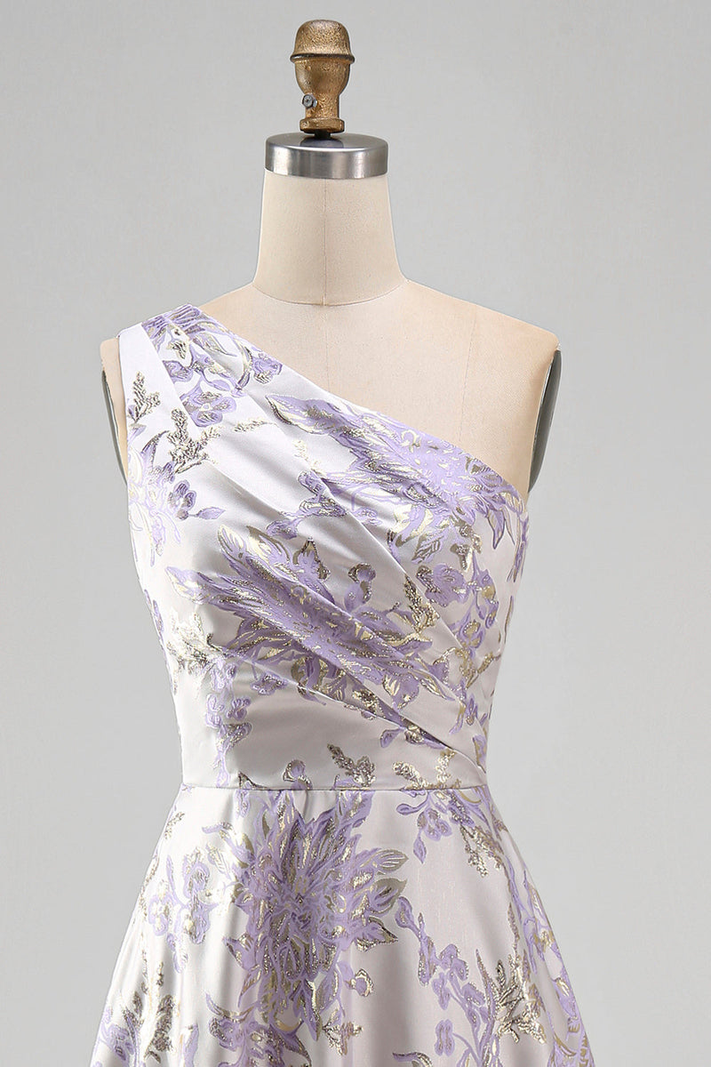Laden Sie das Bild in den Galerie-Viewer, Staubig-lavendelfarbenes A-Schulter-A-Linien gerafftes Jacquard-Maxi-Formelkleid