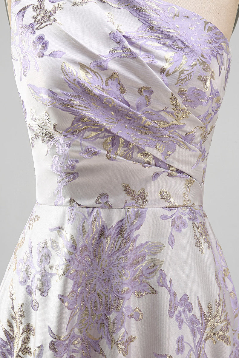 Laden Sie das Bild in den Galerie-Viewer, Staubig-lavendelfarbenes A-Schulter-A-Linien gerafftes Jacquard-Maxi-Formelkleid