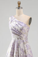 Laden Sie das Bild in den Galerie-Viewer, Staubig-lavendelfarbenes A-Schulter-A-Linien gerafftes Jacquard-Maxi-Formelkleid