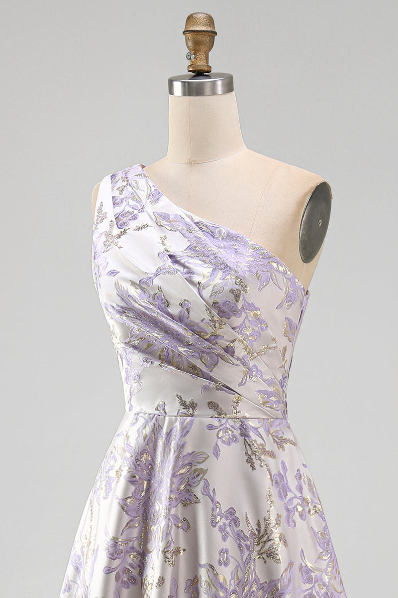 Laden Sie das Bild in den Galerie-Viewer, Staubig-lavendelfarbenes A-Schulter-A-Linien gerafftes Jacquard-Maxi-Formelkleid