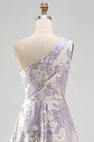 Laden Sie das Bild in den Galerie-Viewer, Staubig-lavendelfarbenes A-Schulter-A-Linien gerafftes Jacquard-Maxi-Formelkleid