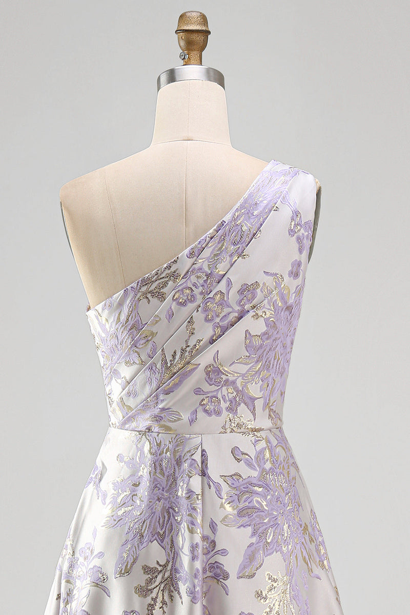 Laden Sie das Bild in den Galerie-Viewer, Staubig-lavendelfarbenes A-Schulter-A-Linien gerafftes Jacquard-Maxi-Formelkleid