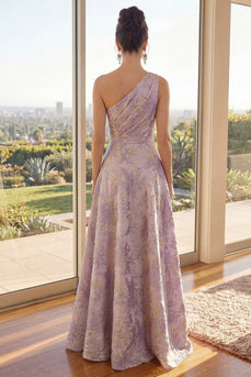 Staubig-lilafarbenes Flieder mit einer Schulter gerafftes Jacquard-Blumen-Maxikleid