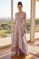 Laden Sie das Bild in den Galerie-Viewer, Staubiges lilafarbenes Schlüsselloch-Schlüsselloch-Jacquard A-Linie hohe, niedrige Blumenkleid