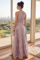 Laden Sie das Bild in den Galerie-Viewer, Staubiges lilafarbenes Schlüsselloch-Schlüsselloch-Jacquard A-Linie hohe, niedrige Blumenkleid