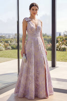 Laden Sie das Bild in den Galerie-Viewer, Staubiges lilafarbenes gerafftes Jacquard – ein V-Ausschnitt geblümtes Maxikleid mit Schlitz