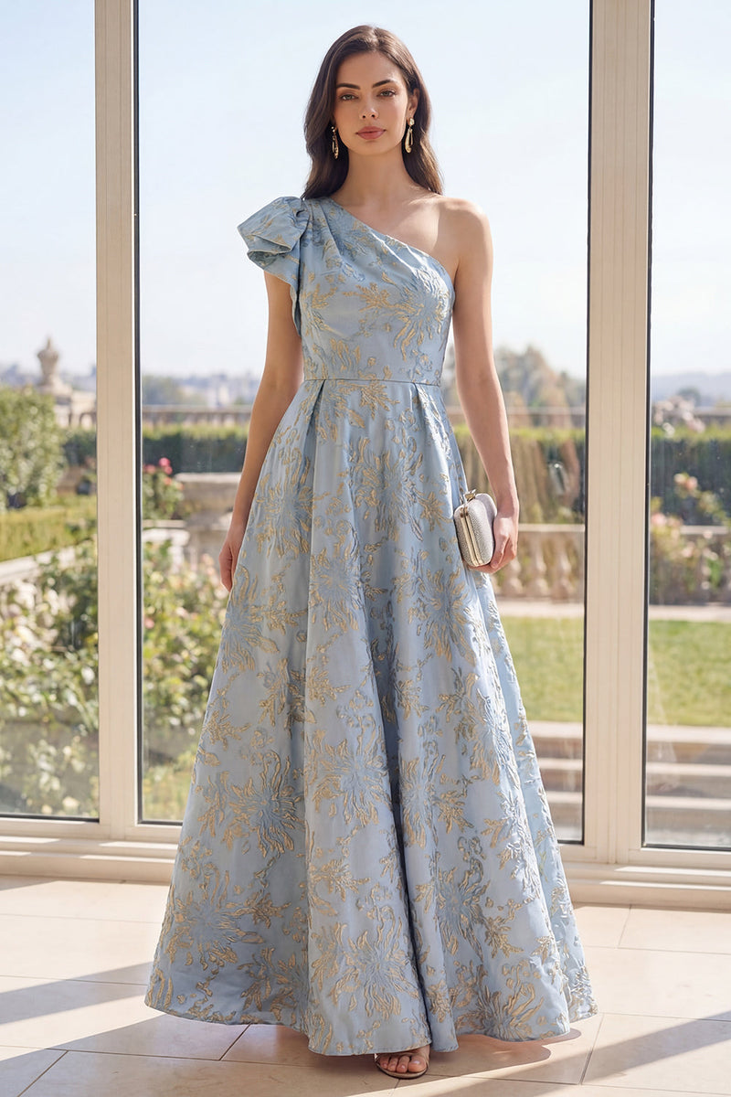 Laden Sie das Bild in den Galerie-Viewer, Staubiges blaues A-Linie-Jacquard-Maxi-Umkleid mit Blumen und Schleife