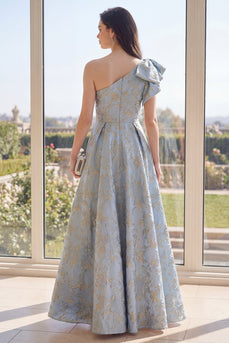 Staubiges blaues A-Linie-Jacquard-Maxi-Umkleid mit Blumen und Schleife