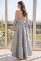 Laden Sie das Bild in den Galerie-Viewer, Staubiges blaues Blumen-Jacquard-Lang-A-Linie Maxikleid mit Schleife