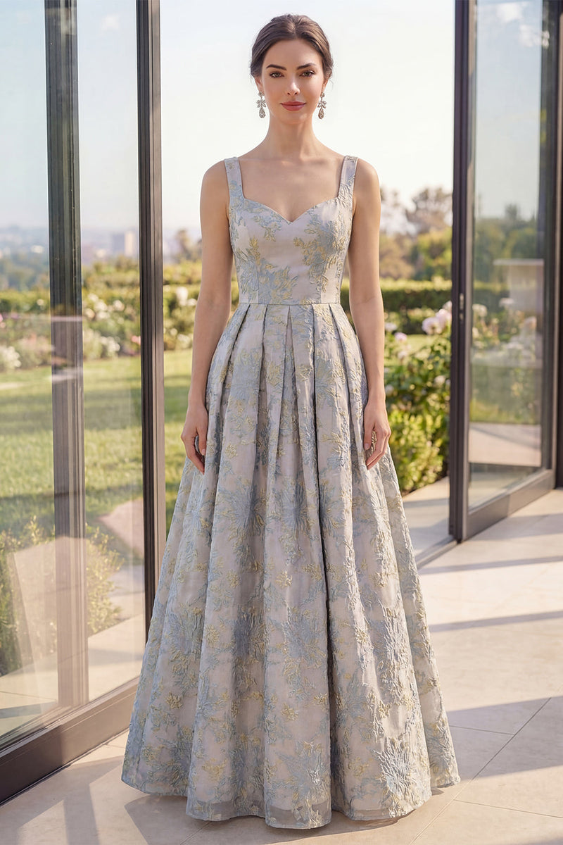 Laden Sie das Bild in den Galerie-Viewer, Ein staubiges blaues Jacquard-Maxikleid mit dicken Blumenträgern