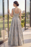 Laden Sie das Bild in den Galerie-Viewer, Ein staubiges blaues Jacquard-Maxikleid mit dicken Blumenträgern