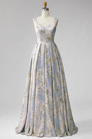 Laden Sie das Bild in den Galerie-Viewer, A-Linie V-Ausschnitt Langes Graublaues Jacquard Ballkleid mit V-Ausschnitt