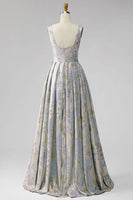 Laden Sie das Bild in den Galerie-Viewer, A-Linie V-Ausschnitt Langes Graublaues Jacquard Ballkleid mit V-Ausschnitt