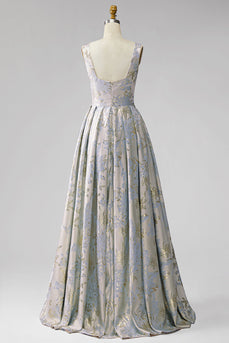 A-Linie V-Ausschnitt Langes Graublaues Jacquard Ballkleid mit V-Ausschnitt