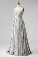 Laden Sie das Bild in den Galerie-Viewer, A-Linie V-Ausschnitt Langes Graublaues Jacquard Ballkleid mit V-Ausschnitt
