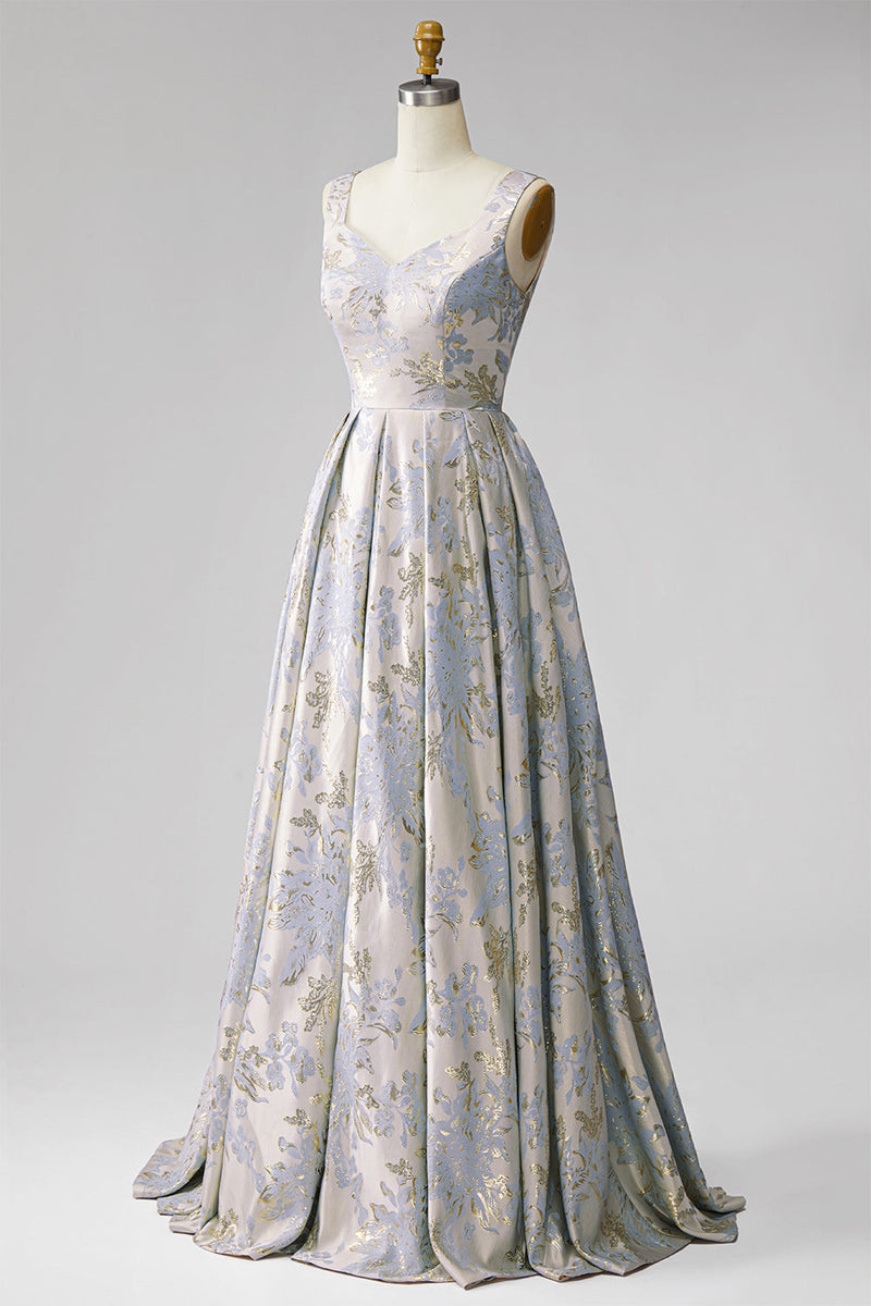 Laden Sie das Bild in den Galerie-Viewer, A-Linie V-Ausschnitt Langes Graublaues Jacquard Ballkleid mit V-Ausschnitt