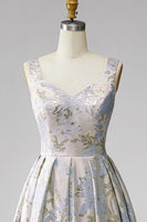 Laden Sie das Bild in den Galerie-Viewer, A-Linie V-Ausschnitt Langes Graublaues Jacquard Ballkleid mit V-Ausschnitt