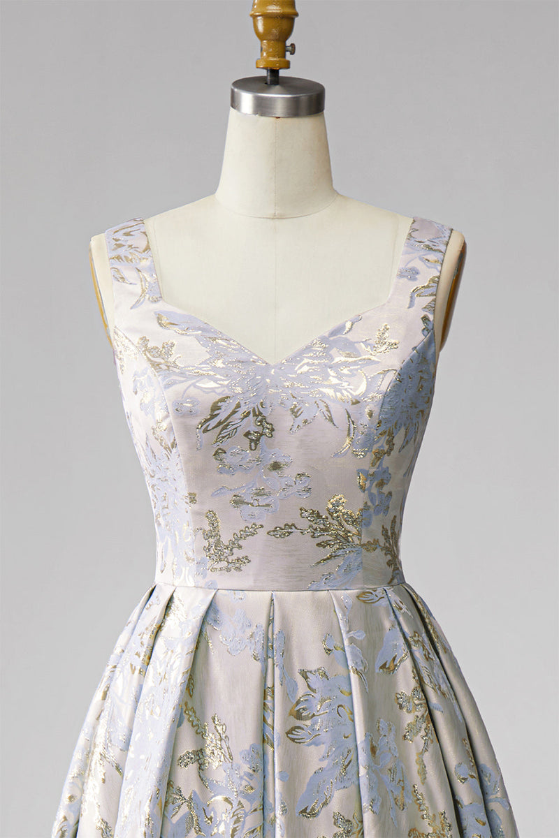 Laden Sie das Bild in den Galerie-Viewer, A-Linie V-Ausschnitt Langes Graublaues Jacquard Ballkleid mit V-Ausschnitt