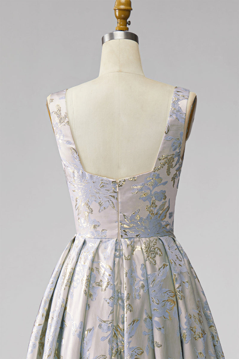 Laden Sie das Bild in den Galerie-Viewer, A-Linie V-Ausschnitt Langes Graublaues Jacquard Ballkleid mit V-Ausschnitt