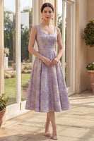 Laden Sie das Bild in den Galerie-Viewer, Staubig-lila Blumenträger mit dicken Trägern, Jacquard Maxi A-Linie Midi-Kleid