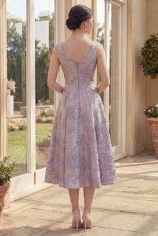 Staubig-lila Blumenträger mit dicken Trägern, Jacquard Maxi A-Linie Midi-Kleid