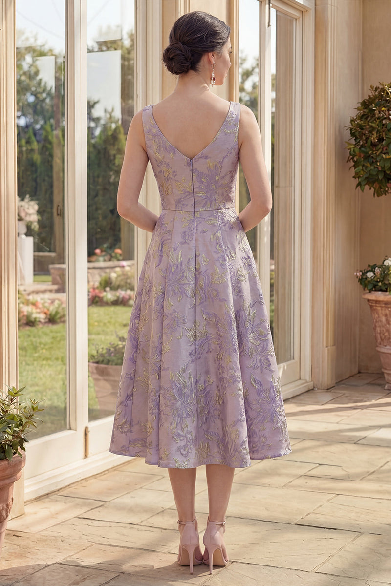 Laden Sie das Bild in den Galerie-Viewer, Staubig-lila Blumenträger mit dicken Trägern, Jacquard Maxi A-Linie Midi-Kleid