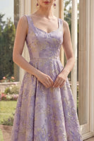 Laden Sie das Bild in den Galerie-Viewer, Staubig-lila Blumenträger mit dicken Trägern, Jacquard Maxi A-Linie Midi-Kleid