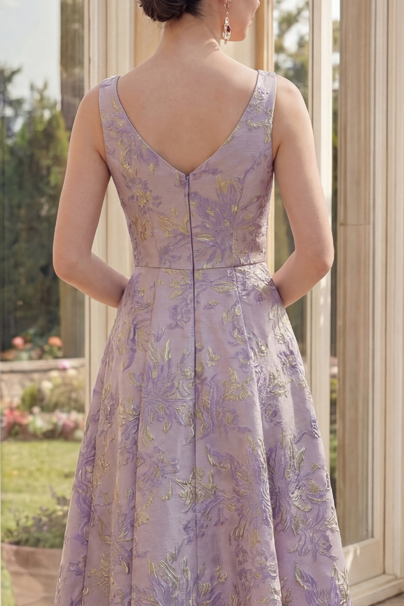 Laden Sie das Bild in den Galerie-Viewer, Staubig-lila Blumenträger mit dicken Trägern, Jacquard Maxi A-Linie Midi-Kleid