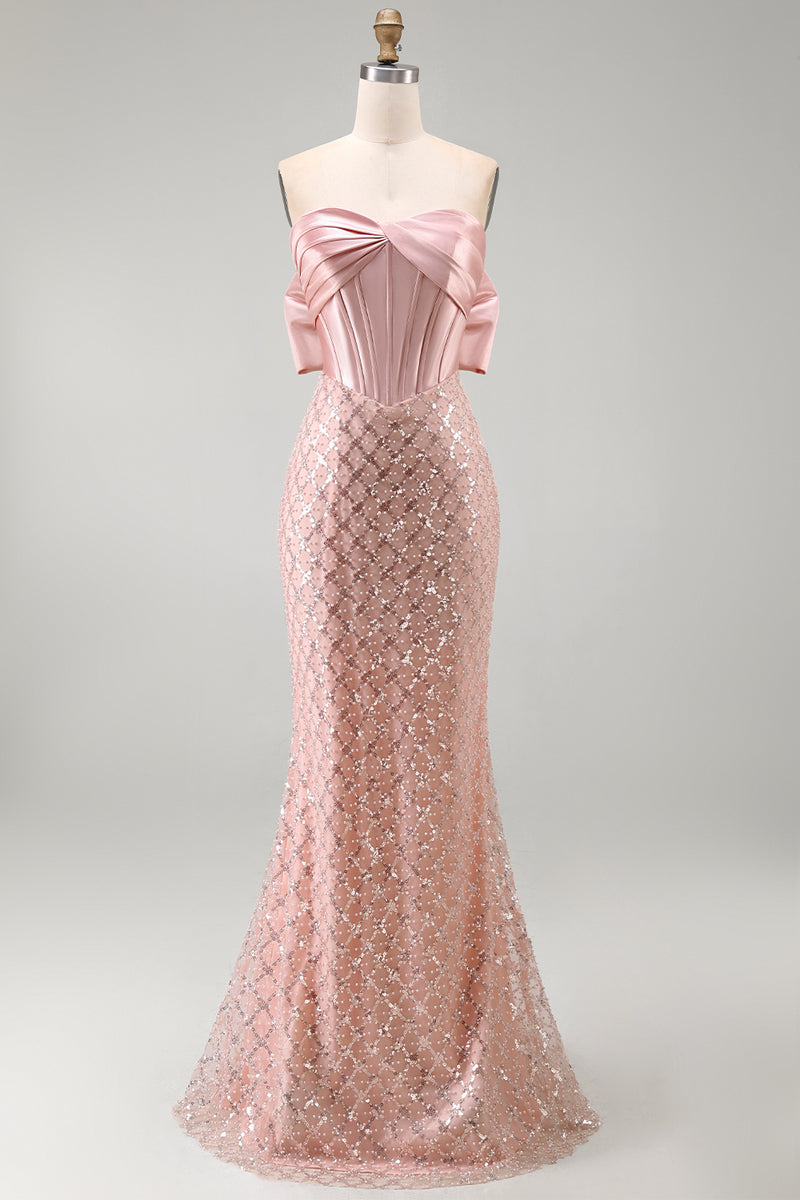 Laden Sie das Bild in den Galerie-Viewer, Rouge Meerjungfrauen-Pailletten-Trägerloses Maxikleid Maxi-Kleid mit Schleife