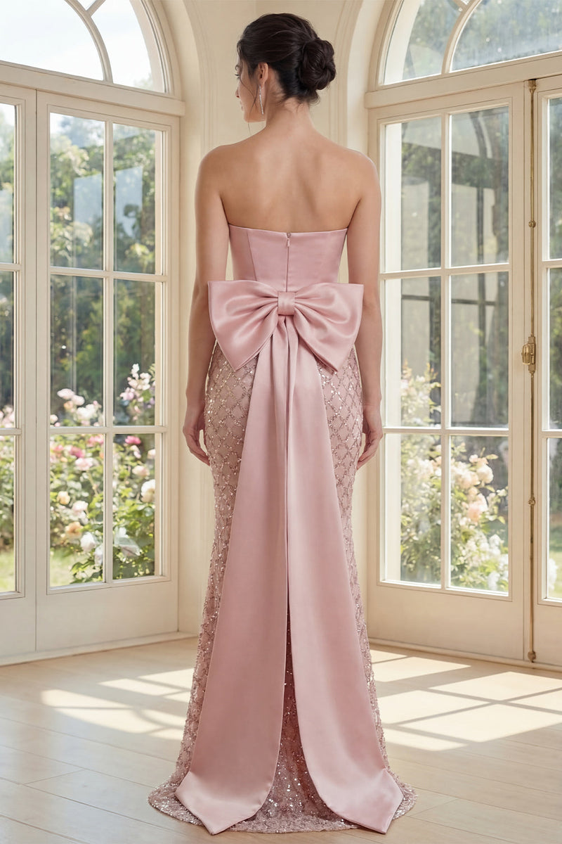 Laden Sie das Bild in den Galerie-Viewer, Rouge Meerjungfrauen-Pailletten-Trägerloses Maxikleid Maxi-Kleid mit Schleife