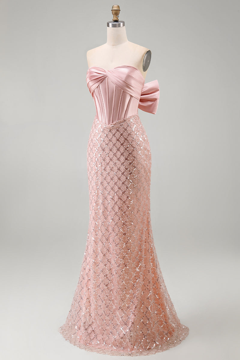 Laden Sie das Bild in den Galerie-Viewer, Rouge Meerjungfrauen-Pailletten-Trägerloses Maxikleid Maxi-Kleid mit Schleife