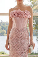 Laden Sie das Bild in den Galerie-Viewer, Glitzerndes strapless Corset Blush Bodycon Mini-Kleid mit 3D-Blume