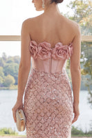 Laden Sie das Bild in den Galerie-Viewer, Glitzerndes strapless Corset Blush Bodycon Mini-Kleid mit 3D-Blume