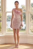 Laden Sie das Bild in den Galerie-Viewer, Glitzerndes einschulteriges rouge Bodycon-Minikleid mit 3D-Blume