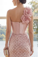 Laden Sie das Bild in den Galerie-Viewer, Glitzerndes einschulteriges rouge Bodycon-Minikleid mit 3D-Blume