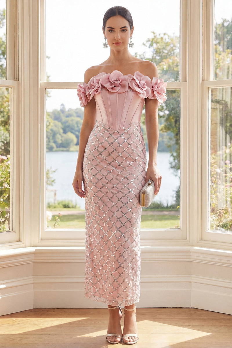 Laden Sie das Bild in den Galerie-Viewer, Off-the-shoulder Rouge-Korsett-Bodycon-Maxi-Kleid mit 3D-Blumen