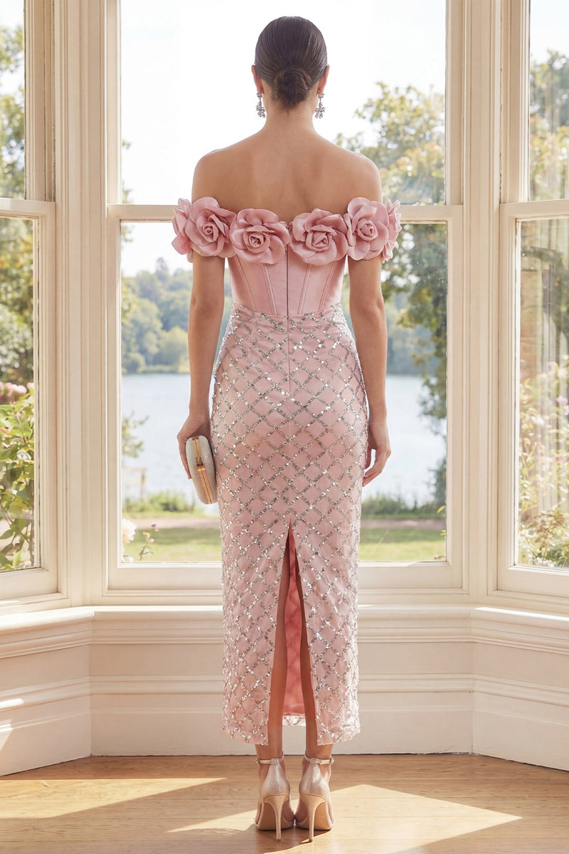 Laden Sie das Bild in den Galerie-Viewer, Off-the-shoulder Rouge-Korsett-Bodycon-Maxi-Kleid mit 3D-Blumen