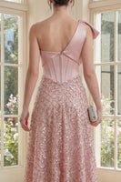 Laden Sie das Bild in den Galerie-Viewer, Glitzerndes Einschulter-Rouge mit gerafftem Linien-Midi-Kleid