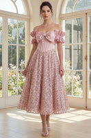 Laden Sie das Bild in den Galerie-Viewer, Off-the-shoulder Rouge-Korsett Ein Linien-Midi-Kleid mit Schleife
